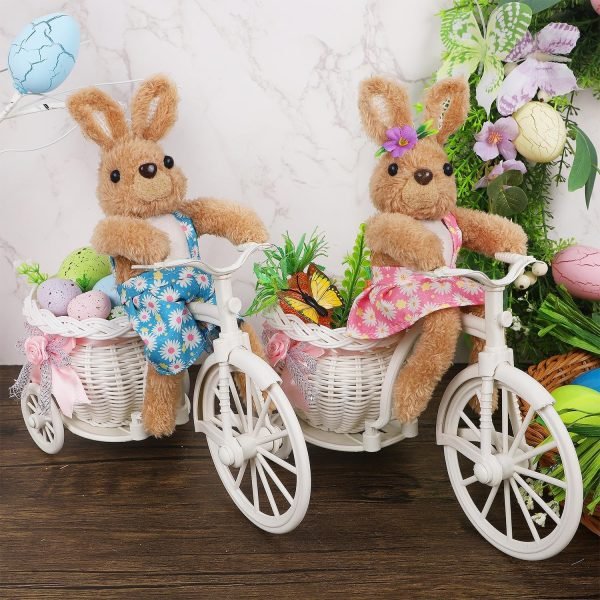 Goodsright Decor Set of 2 Easter Tabletop Decorations Plush Bunny Couple, 10" Easter Rabbits Ride Bike, Cute Animal Figurine for Girls' Gift, Easter Basket Filler Spring Home Kitchen Room Ornament