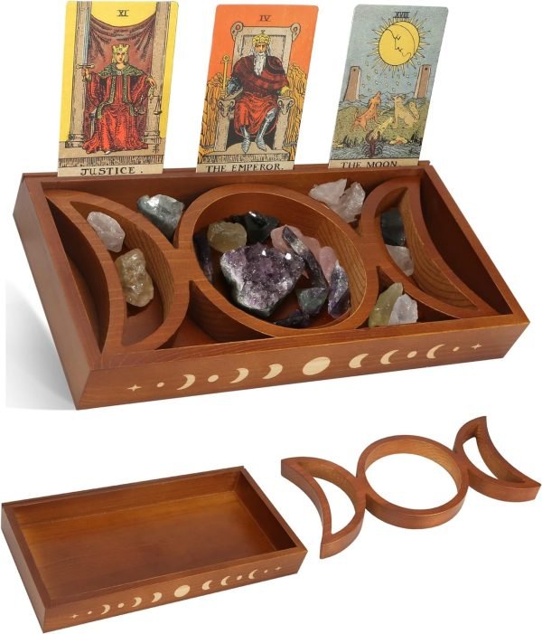 Goodsright Decor Crystal Display Moon Tray Tarot Card Holder Stand, Wiccan Decor & Witchy Accessories & Pagan Altar Supplies, Black Wooden Storage Organizer Box for Rocks Healing Stones Jewelry Home Decorative