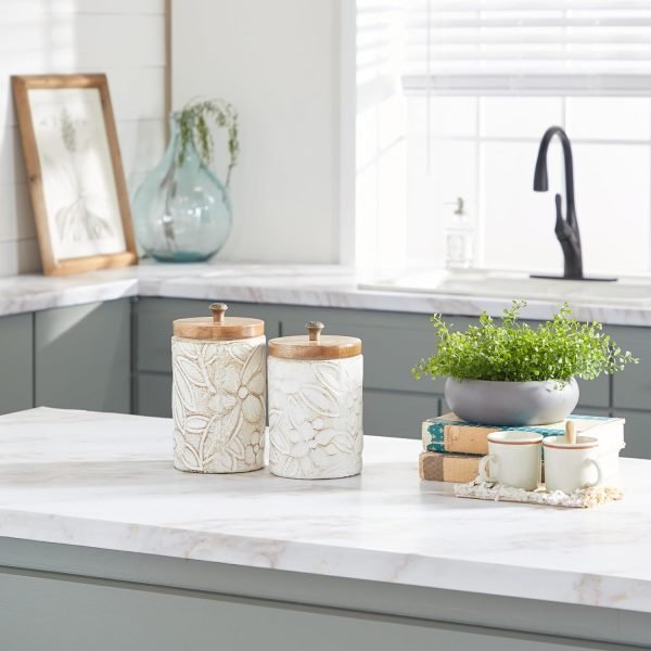 Goodsright Decor 79 Ceramic Handmade Decorative Decorative Jars Intricately Carved Decorative Containers with Wood Lids, Set of 2 Decorative Keepsake Boxes 9", 10"H, White