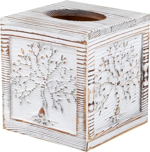 Goodsright Decor Wood Carved Tissue Box Cover Square Tissue Holder Whitewashed Tree of Life Design Rustic Vintage Home Decor for Bathrooom Bedroom Living Room