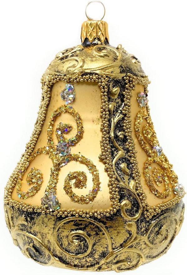 Goodsright Decor Christmas Bell Ornament 4-Inch Blown Glass (Gold Embellished)