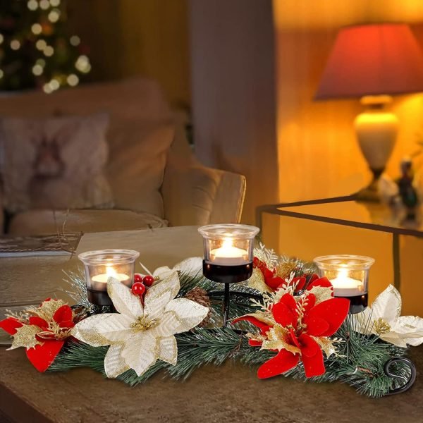Goodsright Decor Christmas Centerpiece, Christmas Candle Holders, Christmas Tabletop Poinsettia Centerpiece with 3 Flameless Candle, Romantic Holiday Candelabrum for Home Party Christmas Table Mantel Decorations