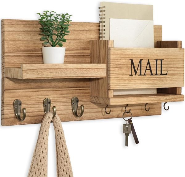 Goodsright Decor Organizer for Wall Mount ?C Key Holder with Shelf Includes Letter Holder and Hooks for Hallway Farmhouse Decor ?C Rustic Wood with Flush Mounting Hardware (16.5?? x 9.1?? x 3.4??) (White)