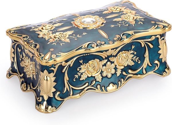 Goodsright Decor Vintage Rectangular Jewelry Box - Enameled Trinket Box Organizer Two Layer Treasure Chest Box Jewelry Decorative box Keepsake Gift Box Case for Women Girls, 7"x5"x3"
