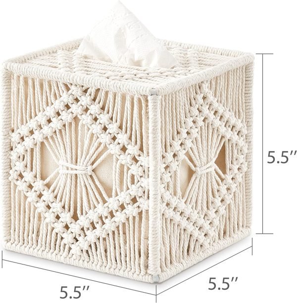 Goodsright Decor Tissue Box Cover Macrame Square Open-Bottom Tissue Box Holder Boho Decor Tissue Organizer Bohemian Handmade Woven Tissue Cube Box for Bathroom Bedroom Dresser Living Room Office Dorm