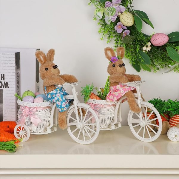 Goodsright Decor Set of 2 Easter Tabletop Decorations Plush Bunny Couple, 10" Easter Rabbits Ride Bike, Cute Animal Figurine for Girls' Gift, Easter Basket Filler Spring Home Kitchen Room Ornament