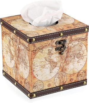 Goodsright Decor Retro Wood Square Tissue Box Cover - Vintage Cube Tissue Box Holder, Decorative Facial Tissue Holder for Bedroom Bathroom Dresser Night Stand Table Car Store Office Home Decor, Yellow