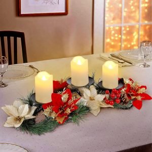 Goodsright Decor Christmas Centerpiece, Christmas Candle Holders, Christmas Tabletop Poinsettia Centerpiece with 3 Flameless Candle, Romantic Holiday Candelabrum for Home Party Christmas Table Mantel Decorations