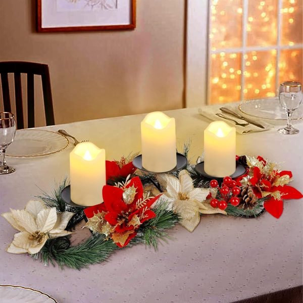 Goodsright Decor Christmas Centerpiece, Christmas Candle Holders, Christmas Tabletop Poinsettia Centerpiece with 3 Flameless Candle, Romantic Holiday Candelabrum for Home Party Christmas Table Mantel Decorations