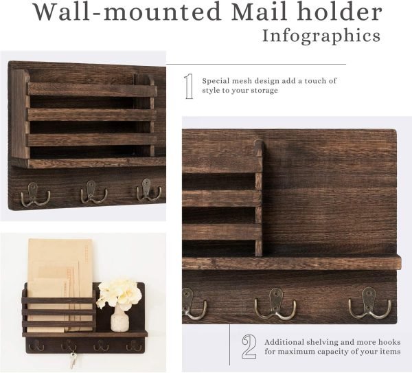 Goodsright Decor Wall Mounted Mail Holder Wooden Key Holder Rack Mail Sorter Organizer with 4 Double Key Hooks and A Floating Shelf Rustic Home Decor for Entryway or Mudroom,15.7" W x9.3 Hx3.2 D, Brown