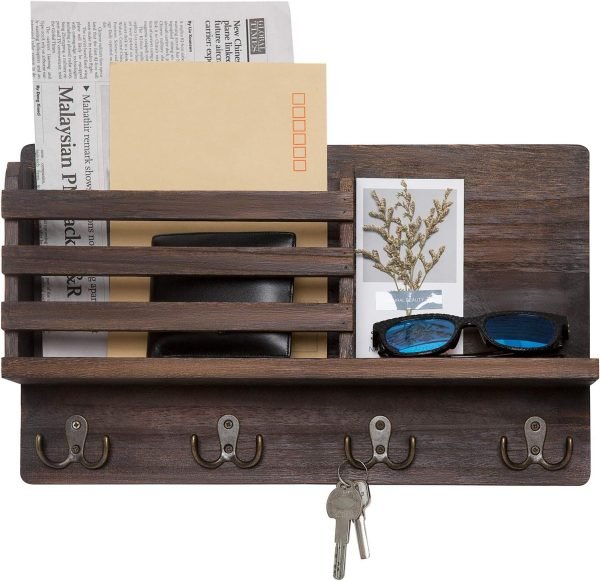 Goodsright Decor Wall Mounted Mail Holder Wooden Key Holder Rack Mail Sorter Organizer with 4 Double Key Hooks and A Floating Shelf Rustic Home Decor for Entryway or Mudroom,15.7" W x9.3 Hx3.2 D, Brown