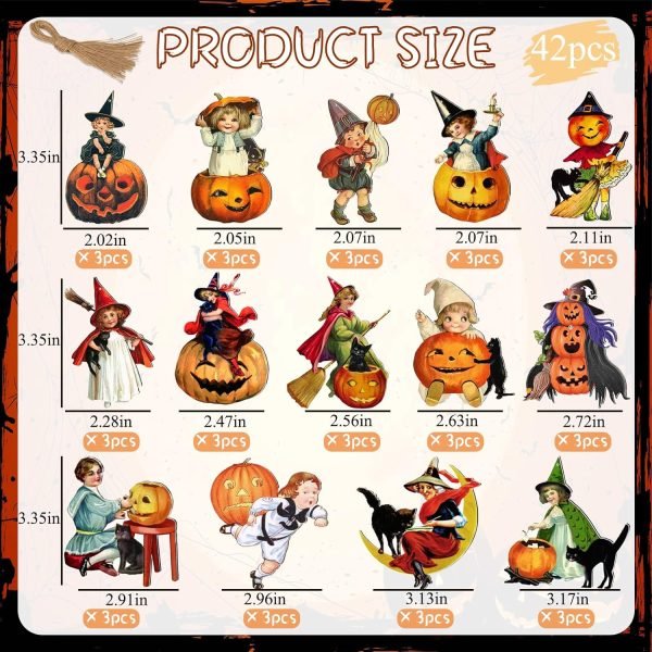 Goodsright Decor 42Pcs Vintage Halloween Tree Ornament Decorations - Hanging Wooden Pumpkin Ornaments for Halloween Tree Decor Vintage Pumpkin Witch Black Cat Wood Cutouts Signs for Halloween Tree Home Party Decor