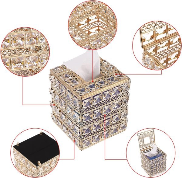 Goodsright Decor Crystal Square Tissue Box Cover - Sparkling Cube Glass Tissue Box Holder, Decorative Facial Tissue Holder for Bedroom Bathroom Dresser Night Stand Table Office Home Decor, Gold