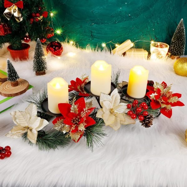 Goodsright Decor Christmas Centerpiece, Christmas Candle Holders, Christmas Tabletop Poinsettia Centerpiece with 3 Flameless Candle, Romantic Holiday Candelabrum for Home Party Christmas Table Mantel Decorations