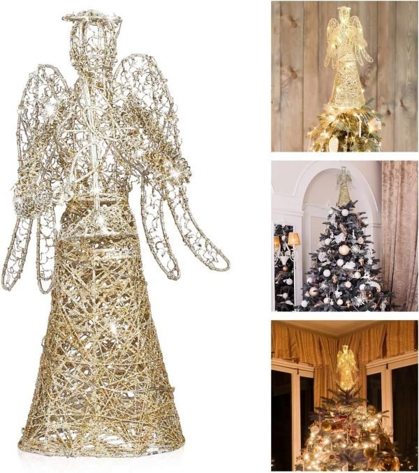 Goodsright Decor Angel Christmas Tree Topper Gold Glitter Christmas Treetop Decoration Coated Metal Angel Xmas Tree Topper Ornaments for Holiday Home Office Shopping Mall Decor