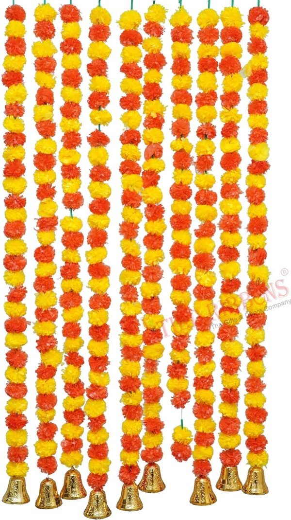 Goodsright Decor Artificial Marigold Flowers Garland with Golden Bells | Set of 10 | Orange, Yellow | 4.5 Feet | Bandhanwar Flower Garland String for Home, Party | Door Hanging Diwali Decorations for Home