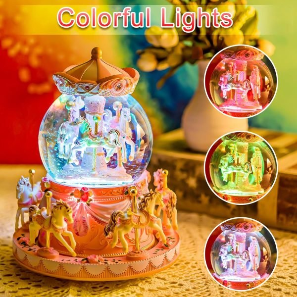 Goodsright Decor Carousel Music Box Horse Gift, Remote Control Plug in Musical Snow Globe for Girls Women Daughter Wife, Usb Charge 8-Horse Snow Globes Birthday Anniversary Valentine Gift Play Multiple Songs