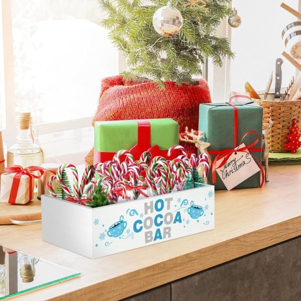 Goodsright Decor Christmas Hot Cocoa Bar Decor Box Hot Cocoa Bar Wood Storage Box Xmas Blue Bar Holder Box Hot Cocoa Decorative Christmas Cute Wood Storage Bins for Home Kitchen Office Farmhouse Gift