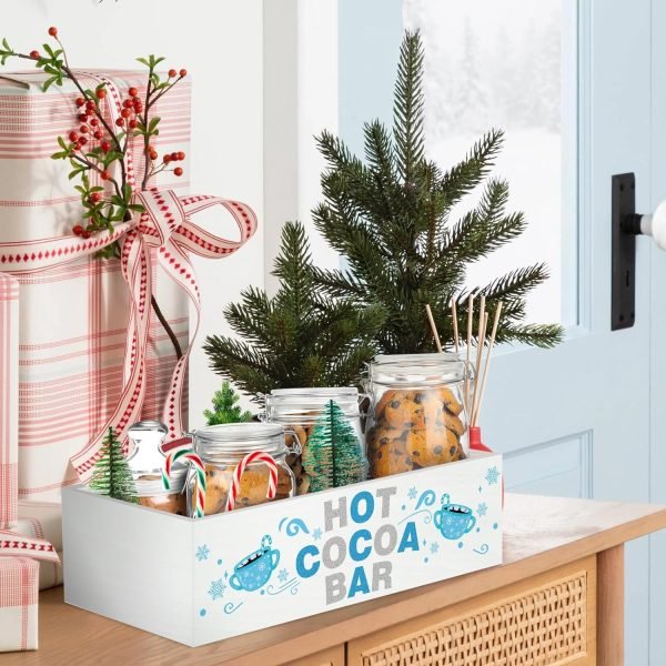 Goodsright Decor Christmas Hot Cocoa Bar Decor Box Hot Cocoa Bar Wood Storage Box Xmas Blue Bar Holder Box Hot Cocoa Decorative Christmas Cute Wood Storage Bins for Home Kitchen Office Farmhouse Gift