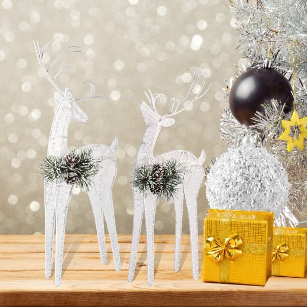 Goodsright Decor 2pc Set White Pinecone Rattan Thread String Christmas Reindeer Figurine Table Desk Decorations Glittering Xmas Holiday Party Supply