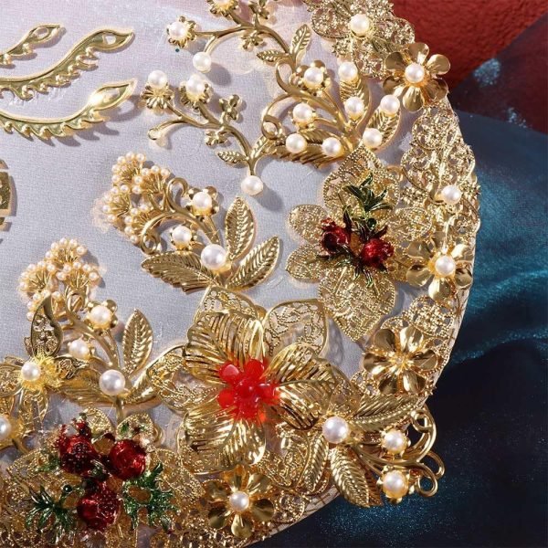 Goodsright Decor 5pcs Chinese Wedding Retro Bride Gold Red Circular Fan Handmade Dragon and Phoenix Flower Decoration Craft Photography Jewelry Decoration Props(1/2/3/4/5)