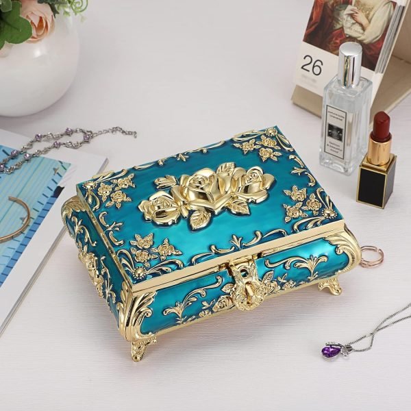 Goodsright Decor Metal Decorative Jewelry Box Vintage Treasure Chest Case Ornate Trinket Organizer Earrings Necklace Bracelet Storage Box Ring Holder Keepsake Box for Women Girls