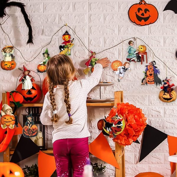 Goodsright Decor 42Pcs Vintage Halloween Tree Ornament Decorations - Hanging Wooden Pumpkin Ornaments for Halloween Tree Decor Vintage Pumpkin Witch Black Cat Wood Cutouts Signs for Halloween Tree Home Party Decor