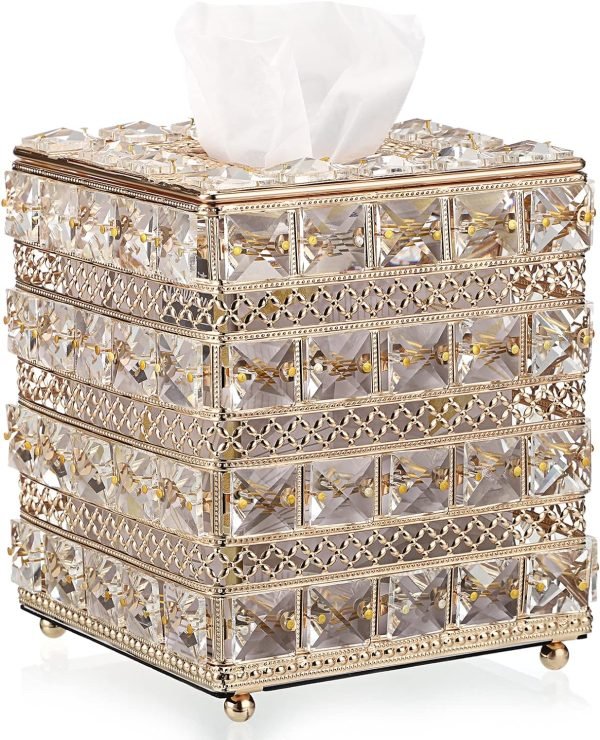 Goodsright Decor Crystal Square Tissue Box Cover - Sparkling Cube Glass Tissue Box Holder, Decorative Facial Tissue Holder for Bedroom Bathroom Dresser Night Stand Table Office Home Decor, Gold