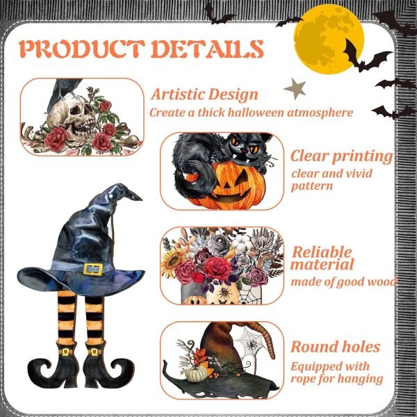 Goodsright Decor 36 Pcs Halloween Wood Ornament for Tree Vintage Halloween Ornaments Wooden Halloween Hanging Decorations Pumpkin Witch Black Cat Wood Cutouts with Ropes for Home Party Decor (Witch Hat)