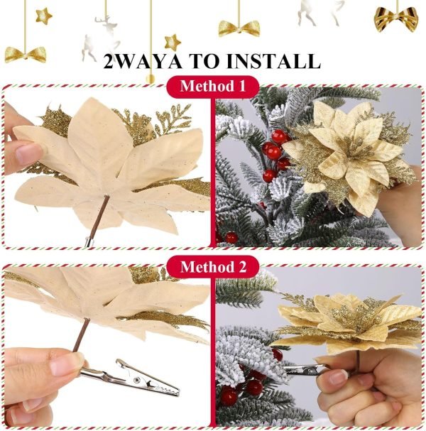 Goodsright Decor 24Pcs Christmas Glitter Poinsettia Flowers, Artificial Christmas Flower with Clips Glitter Christmas Tree Ornaments for Wedding Party Holiday Wreath Table Decoration