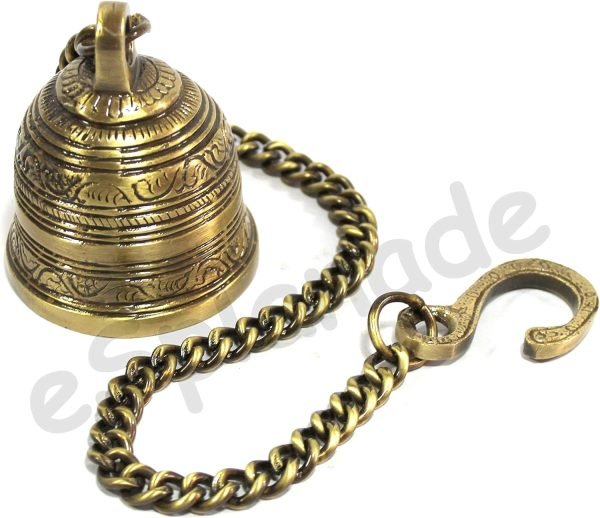 Goodsright Decor Ethnic Indian Handcrafted Brass Temple Bell with Chain | Brass Hanging Bell | Home Decor | Door Decor | Pooja Accessories