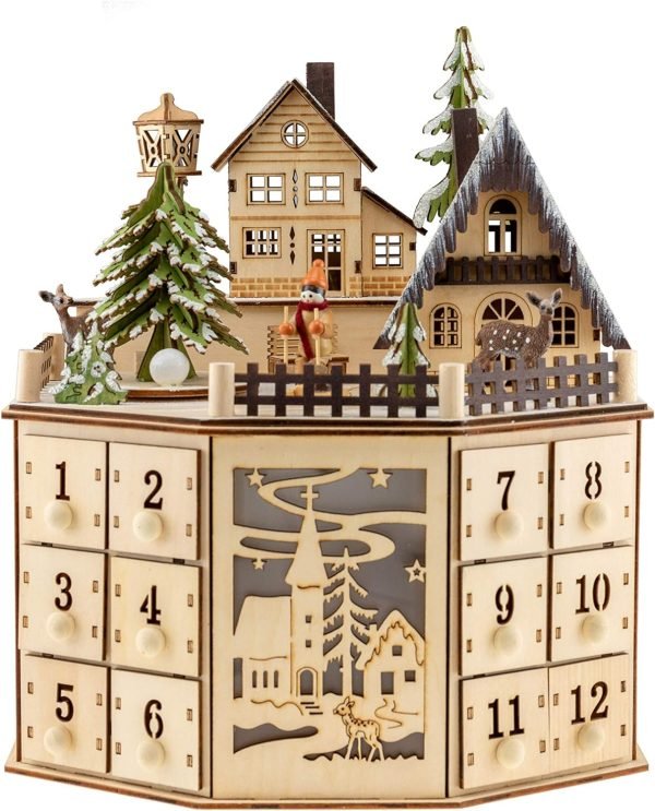 Goodsright Decor Wooden Christmas Advent Calendar, Countdown to Christmas, LED Holiday Decoration, Battery Operated, Reindeer Village