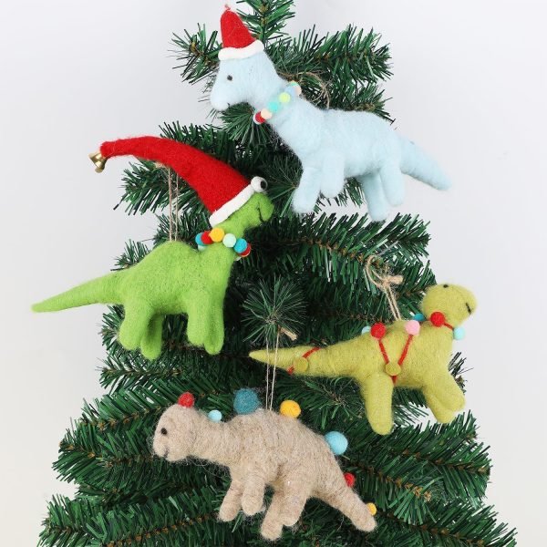 Goodsright Decor Christmas Felt Dinosaurs Ornaments Set of 4, Xmas Wool Dinosaur Hanging Decor, Felt Animal Crafts Woodland Cute Christmas Tree Wreath Decor for Home Dinosaur Themed Birthday Party Supplies