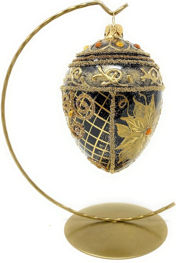Goodsright Decor Faberg?? Egg 5-Inch Blown Glass Christmas Tree Ornament Holiday Poinsettia (Onyx Black)