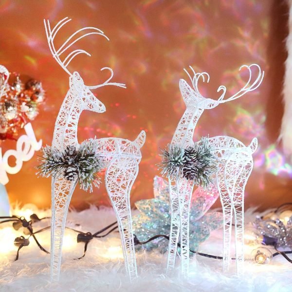 Goodsright Decor 2pc Set White Pinecone Rattan Thread String Christmas Reindeer Figurine Table Desk Decorations Glittering Xmas Holiday Party Supply