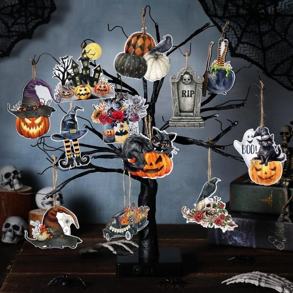 Goodsright Decor 36 Pcs Halloween Wood Ornament for Tree Vintage Halloween Ornaments Wooden Halloween Hanging Decorations Pumpkin Witch Black Cat Wood Cutouts with Ropes for Home Party Decor (Witch Hat)