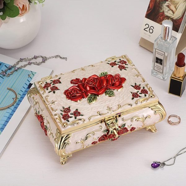 Goodsright Decor Metal Decorative Jewelry Box Vintage Treasure Chest Case Ornate Trinket Organizer Earrings Necklace Bracelet Storage Box Ring Holder Keepsake Box for Women Girls