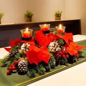 Goodsright Decor Christmas Centerpiece, Christmas Candle Holders, Christmas Tabletop Poinsettia Centerpiece with 3 Candle Holders, Romantic Holiday Candelabrum for Home Party Christmas Table Mantel Decorations
