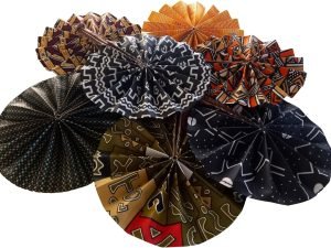 Goodsright Decor Handmade African Fan-Round Folding Handheld Fan for Costume, Dance, Party, Festival, Summer, Home Decor - Traditional Ankara Fabric Fan with Colorful Ethnic Print, Leather Handle (Design 11)