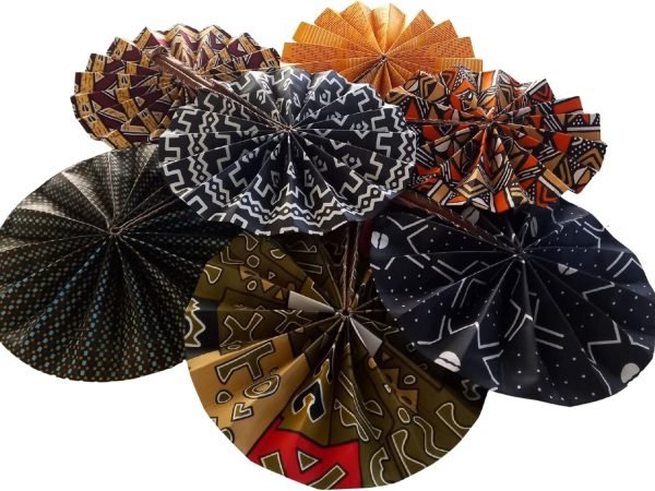 Goodsright Decor Handmade African Fan-Round Folding Handheld Fan for Costume, Dance, Party, Festival, Summer, Home Decor - Traditional Ankara Fabric Fan with Colorful Ethnic Print, Leather Handle (Design 11)