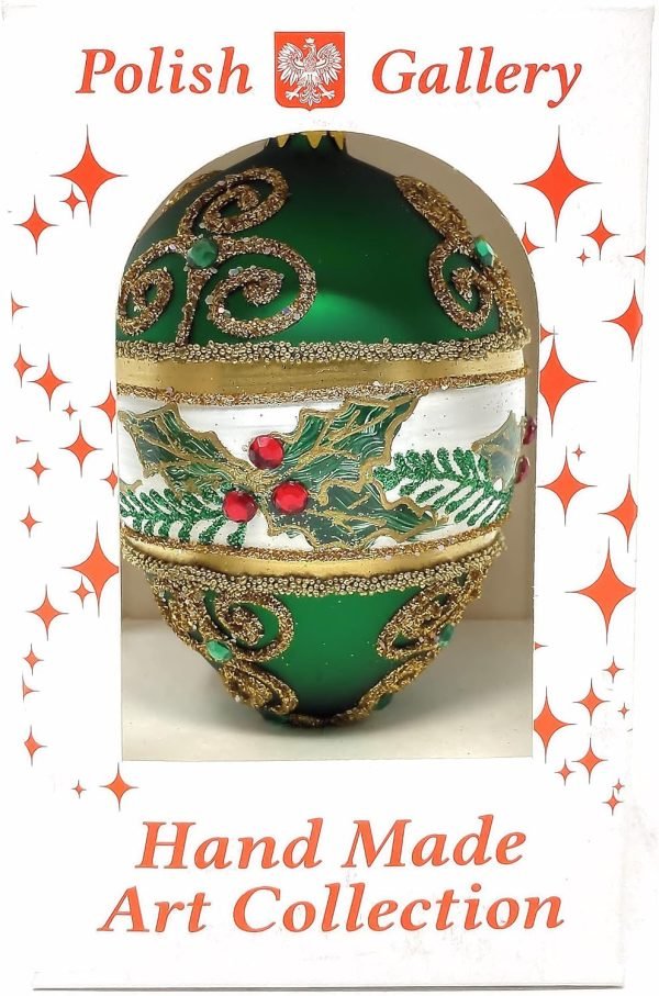 Goodsright Decor Faberg?? Egg 5-Inch Blown Glass Christmas Tree Ornament Mistletoe Leaves (Green Matte)