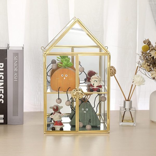 Goodsright Decor 2 Tier Clear Glass Storage Box, Gold Mirrored Jewelry Makeup Display Organizer Case, Decorative Tower box Storage for Trinket Perfume Lipstick Figure Statue Toy Display, House Shape