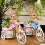 Goodsright Decor Set of 2 Easter Tabletop Decorations Plush Bunny Couple, 10" Easter Rabbits Ride Bike, Cute Animal Figurine for Girls' Gift, Easter Basket Filler Spring Home Kitchen Room Ornament
