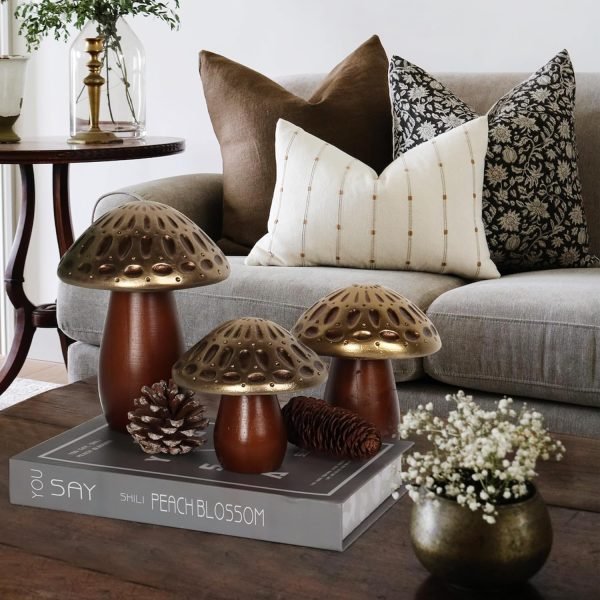 Goodsright Decor Mushroom Statues, Coffee Table Decor, Mushroom Ornaments, Set of 3, Mushroom Decorations, Gold Wooden Mushrooms, Mushroom Decor Aesthetic, Mushroom Figurines