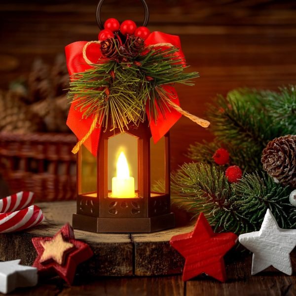 Goodsright Decor 6 Pcs Christmas Decorative Lanterns for Outside with LED Flickering Flameless Candle Red Ribbon Decorative Hanging Lantern Vintage Holiday Lanterns for Indoor Outdoor Table Party Decoration