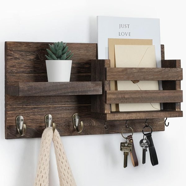 Goodsright Decor Mail Organizer for Wall Mount ?C Key Holder with Shelf Includes Letter Holder and Hooks for Coats, Dog Leashes ?C Rustic Wood with Flush Mounting Hardware (16.5?? x 8.7?? x 3.5??)