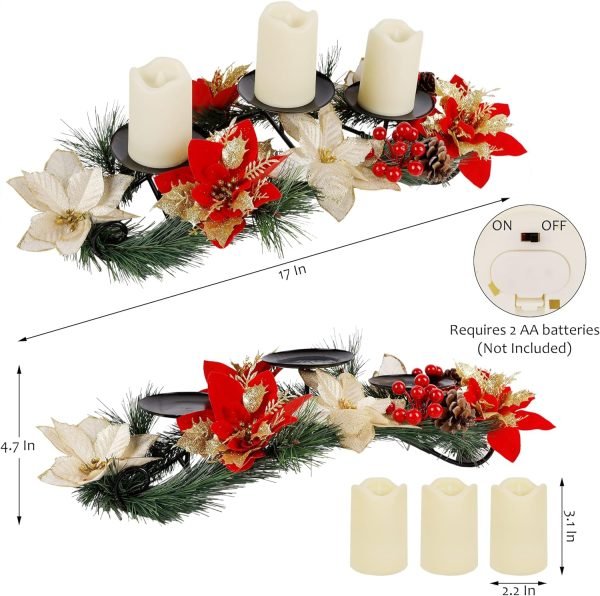 Goodsright Decor Christmas Centerpiece, Christmas Candle Holders, Christmas Tabletop Poinsettia Centerpiece with 3 Flameless Candle, Romantic Holiday Candelabrum for Home Party Christmas Table Mantel Decorations