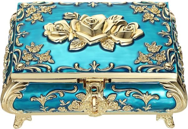 Goodsright Decor Metal Decorative Jewelry Box Vintage Treasure Chest Case Ornate Trinket Organizer Earrings Necklace Bracelet Storage Box Ring Holder Keepsake Box for Women Girls