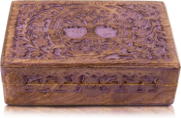 Goodsright Decor Great Birthday Gifts Handmade Decorative Wooden Jewelry Box Tree Of Life Carving Jewelry Organizer Keepsake Box Treasure Chest Trinket Holder Watch Box Storage Lock Box Housewarming Gift (Blue)