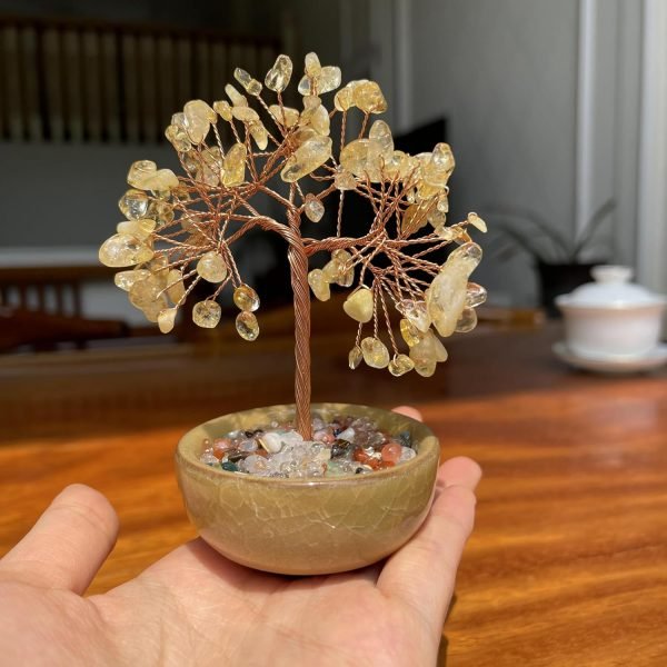 Goodsright Decor Yellow Crystal Delicate Design Hair Fortune Tree Small Home Ornament with Good Luck Natural Ornament Gift